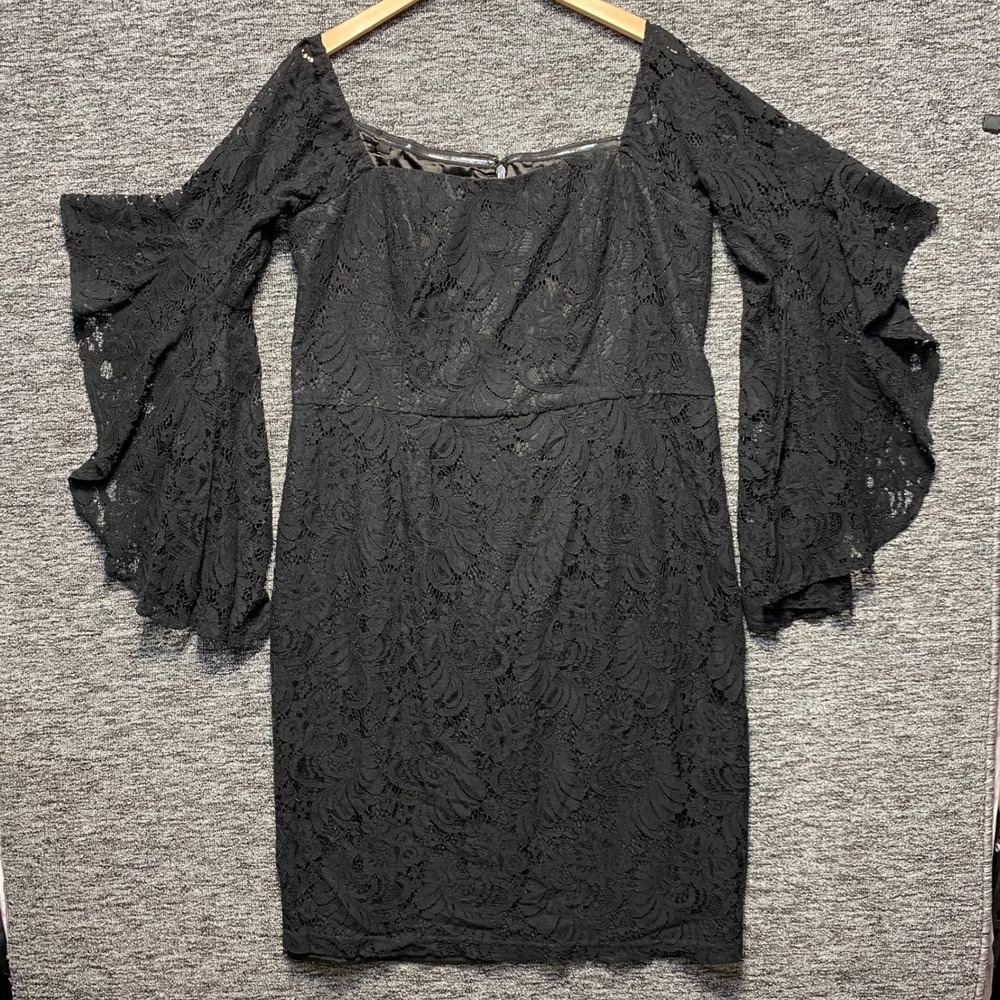 City Chic Dress Women 14 Black Lace Bell Flare Sleeve Whimsigoth Mini Bodycon